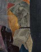 Close detail (drawing) of the F. Luccardi 1950s surrealist painting with a dark central stand and collage-like shapes on gray, in a black and gilt frame.