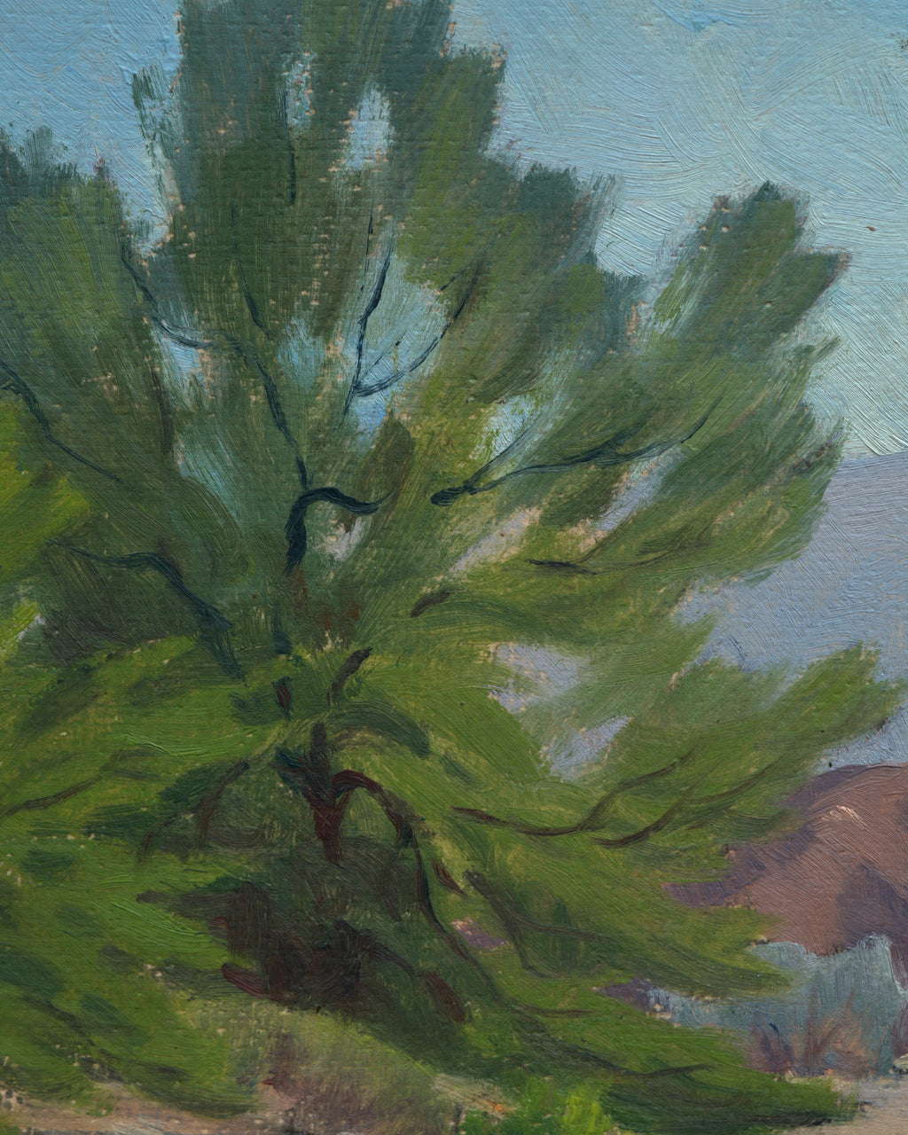 Close detail (smoke tree) of the Jack McCartney desert landscape with a green smoke tree, sage and rose hills in a stepped gilt frame.