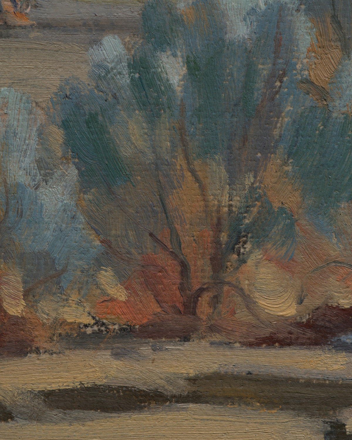 Close detail (sage) of the Jack McCartney desert landscape with a green smoke tree, sage and rose hills in a stepped gilt frame.