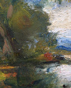 Close detail (pond) of the miniature impressionist pond landscape in a carved dark gilt frame.