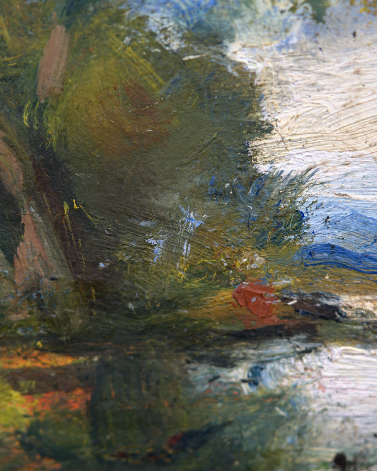Close detail (pond) of the miniature impressionist pond landscape in a carved dark gilt frame.