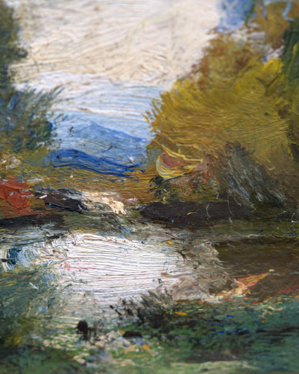 Close detail (trees) of the miniature impressionist pond landscape in a carved dark gilt frame.