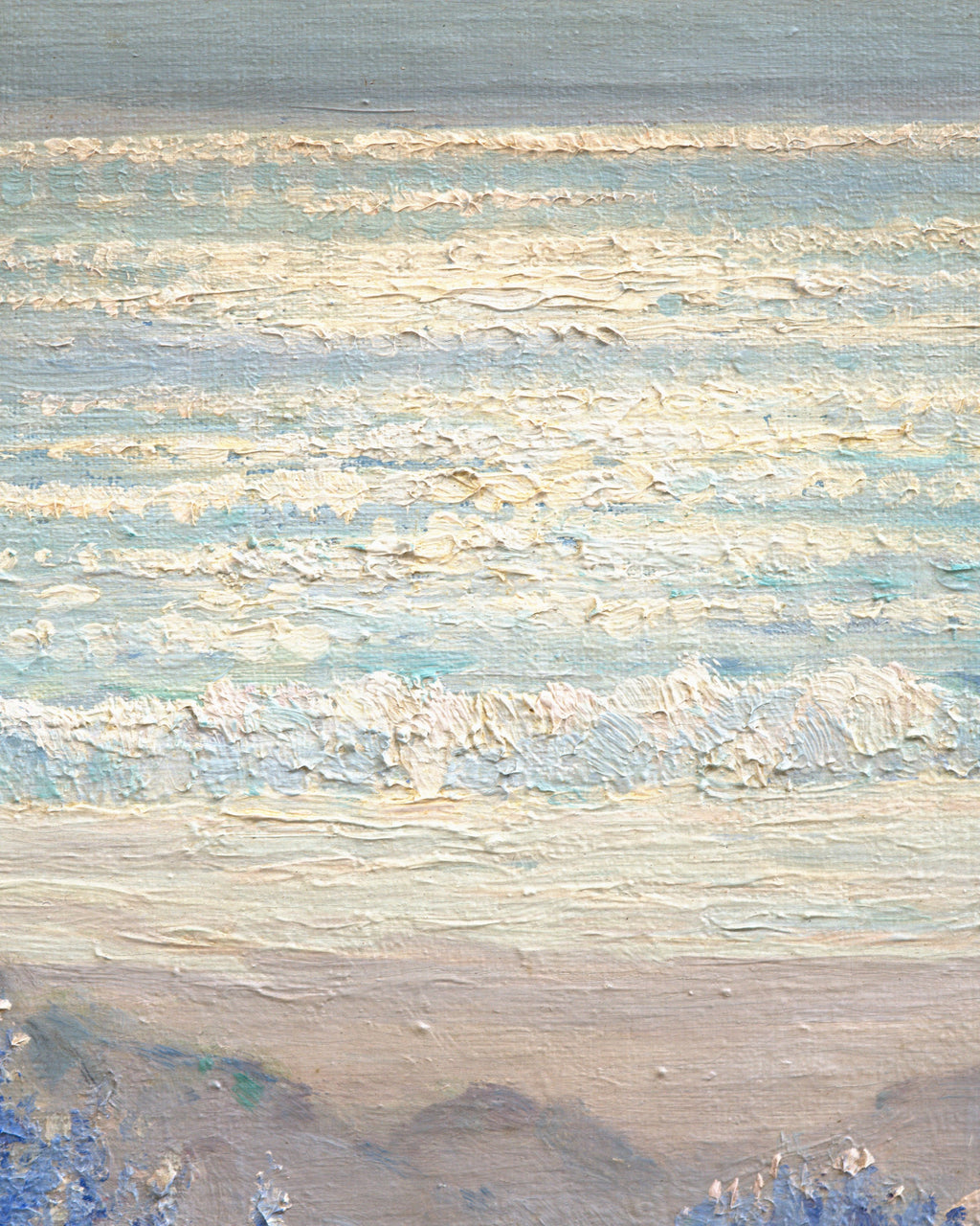 Close detail (surf) of the Frank Montague Moore painting of sand dunes with blue lupine and a silver sea in a ribbed gilt frame.