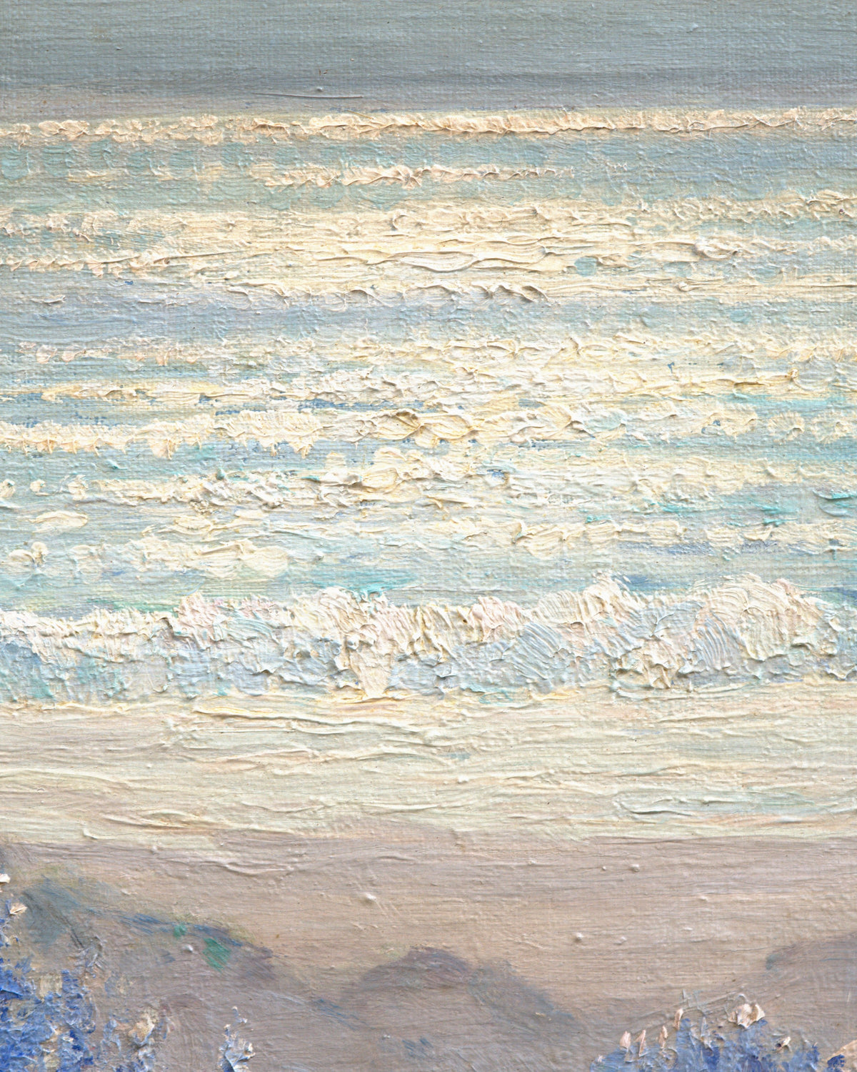 Close detail (surf) of the Frank Montague Moore painting of sand dunes with blue lupine and a silver sea in a ribbed gilt frame.