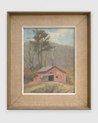 Straight-on view of a DeWitt Parshall painting of a red barn below bare trees in early spring in a wood frame with linen liner, on a light gray background.