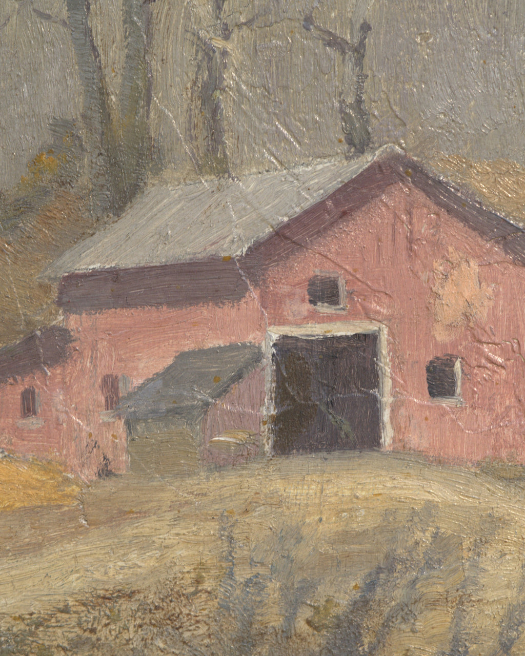 Close detail (hillside) of the DeWitt Parshall painting of a red barn below bare trees in early spring in a wood frame with linen liner.