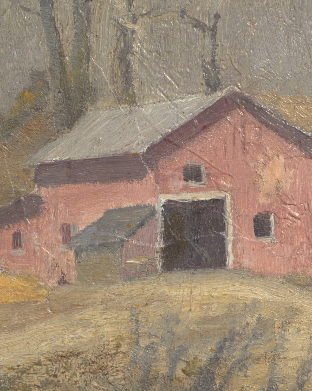 Close detail (hillside) of the DeWitt Parshall painting of a red barn below bare trees in early spring in a wood frame with linen liner.