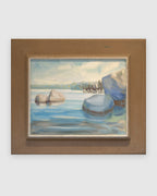 Straight-on view of a James Proctor painting of granite boulders in Lake Tahoe in a wide natural wood frame, on a light gray background.
