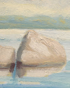 Close detail (boulders) of the James Proctor painting of granite boulders in Lake Tahoe in a wide natural wood frame.