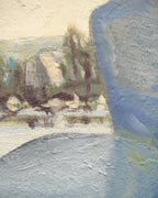 Close detail (shore) of the James Proctor painting of granite boulders in Lake Tahoe in a wide natural wood frame.