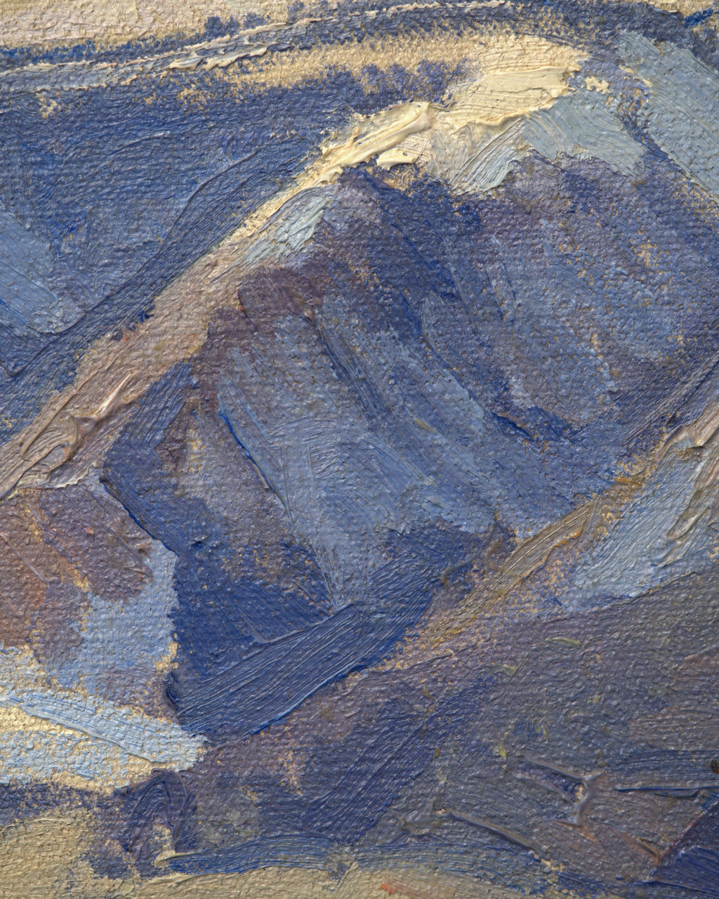 Close detail (mountains) of the Lee Fritz Randolph painting of a blue snow-streaked mountain range above an ochre plain in a natural wood frame.
