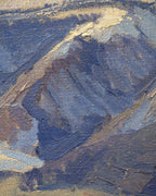 Close detail (mountains) of the Lee Fritz Randolph painting of a blue snow-streaked mountain range above an ochre plain in a natural wood frame.
