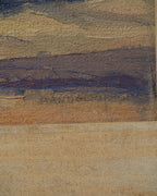 Detail of the signature on the Lee Fritz Randolph painting of a blue snow-streaked mountain range above an ochre plain in a natural wood frame.