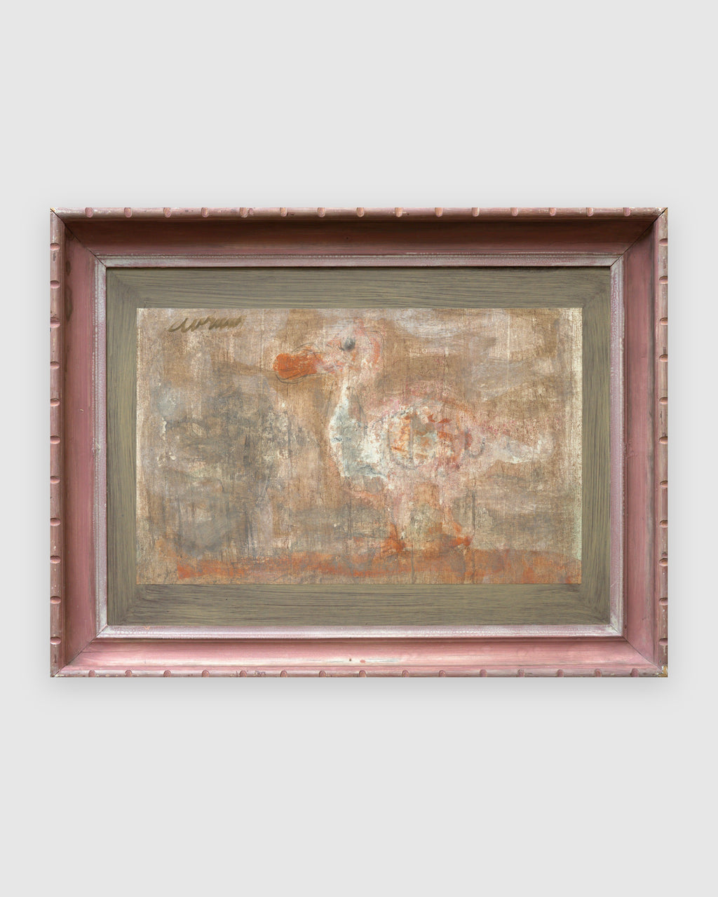Straight-on view of an Avram Rubenstein abstraction of a pale bird in chalky white and rust in a pink bamboo-style frame, on a light gray background.