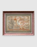 Straight-on view of an Avram Rubenstein abstraction of a pale bird in chalky white and rust in a pink bamboo-style frame, on a light gray background.