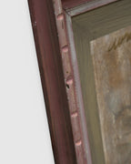 Angled view showing the frame depth of the Avram Rubenstein abstraction of a pale bird in chalky white and rust in a pink bamboo-style frame.