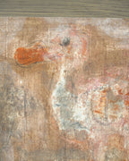 Close detail (bird) of the Avram Rubenstein abstraction of a pale bird in chalky white and rust in a pink bamboo-style frame.