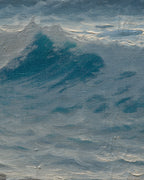 Close detail (wave) of the 1960s seascape of turquoise breaking waves, rocks and a misty headland in a whitewashed frame with linen liner.
