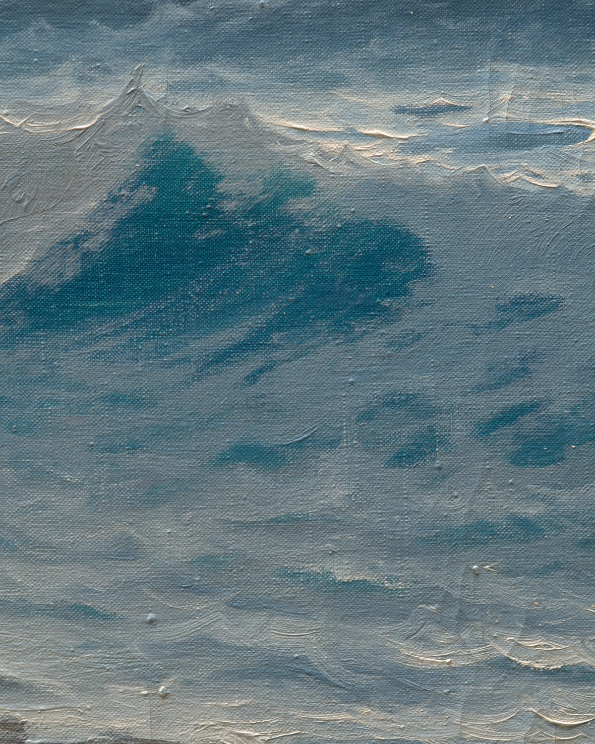 Close detail (wave) of the 1960s seascape of turquoise breaking waves, rocks and a misty headland in a whitewashed frame with linen liner.
