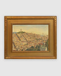 Straight-on view of a vintage San Francisco cityscape painting with Coit Tower and the Bay Bridge in a carved gilt frame, on a light gray background.