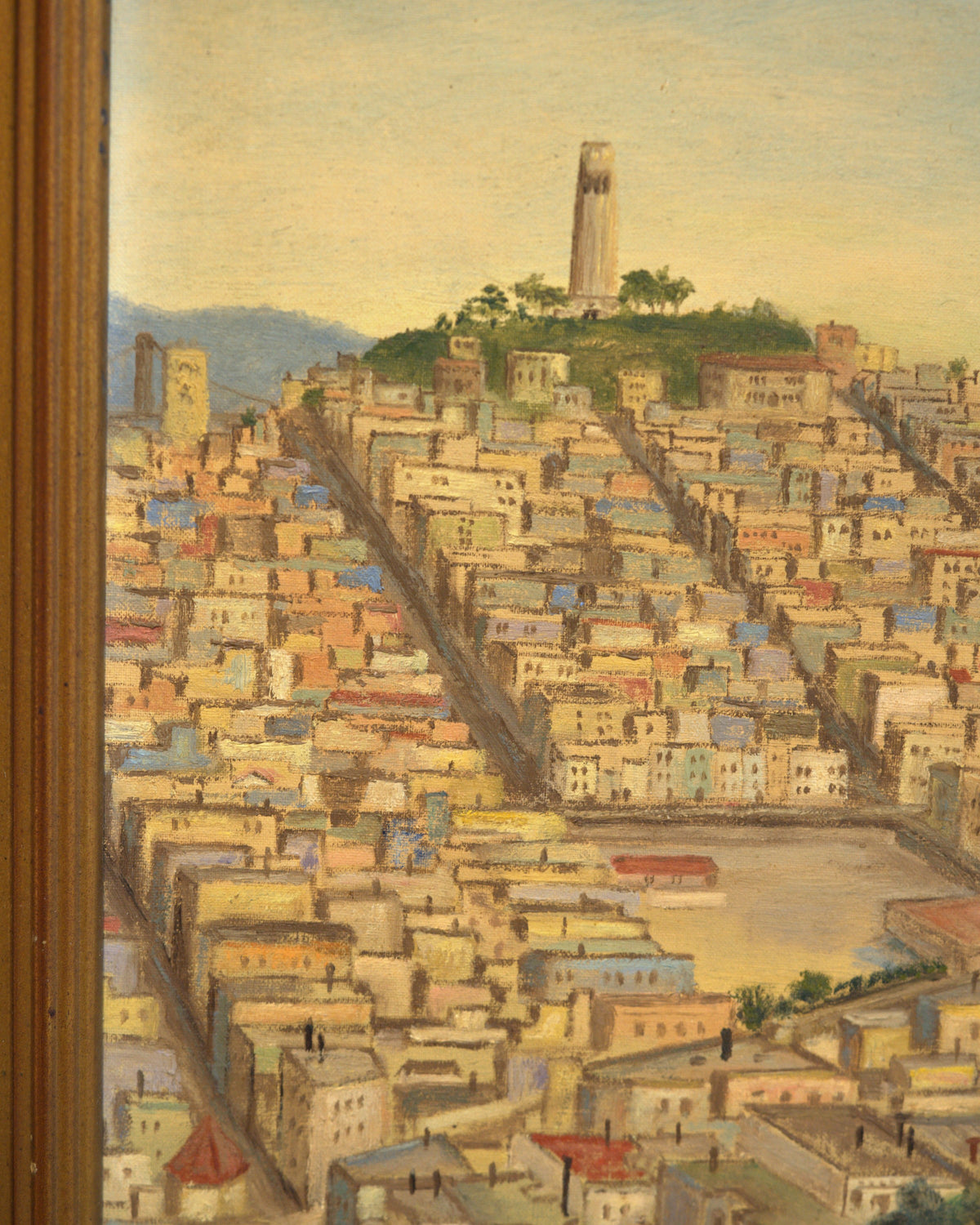 Close detail of Coit Tower on Telegraph Hill in the vintage San Francisco cityscape painting.