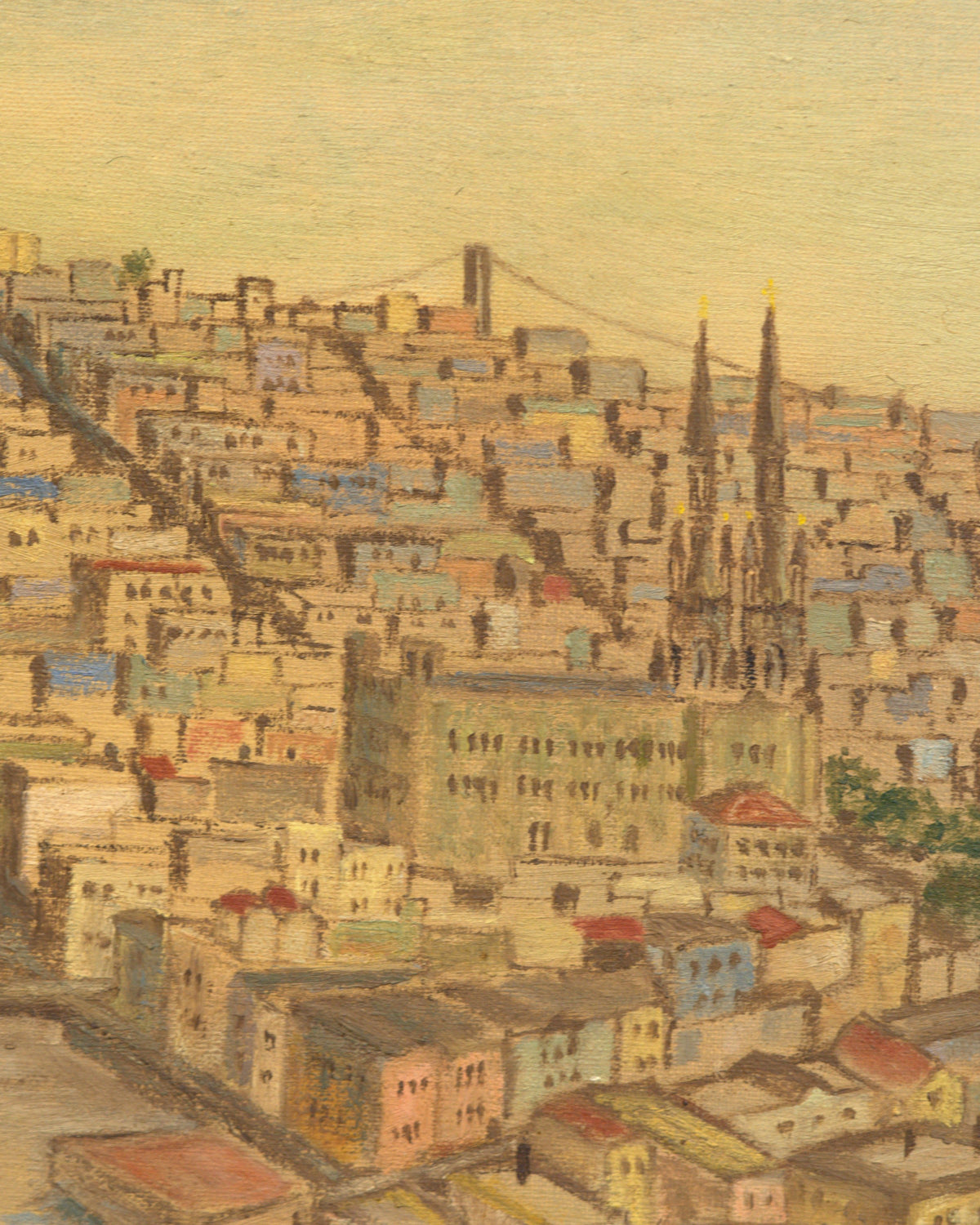 Close detail of pastel rooftops and church spires in the vintage San Francisco cityscape painting.