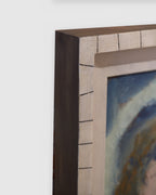 Angled view showing the frame depth of the Sterling Strauser 1985 portrait An Actress, a pale face in a blue and white hood, in a whitewashed scored frame.