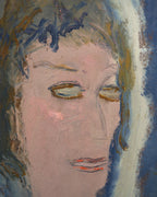 Close detail (face) of the Sterling Strauser 1985 portrait An Actress, a pale face in a blue and white hood, in a whitewashed scored frame.