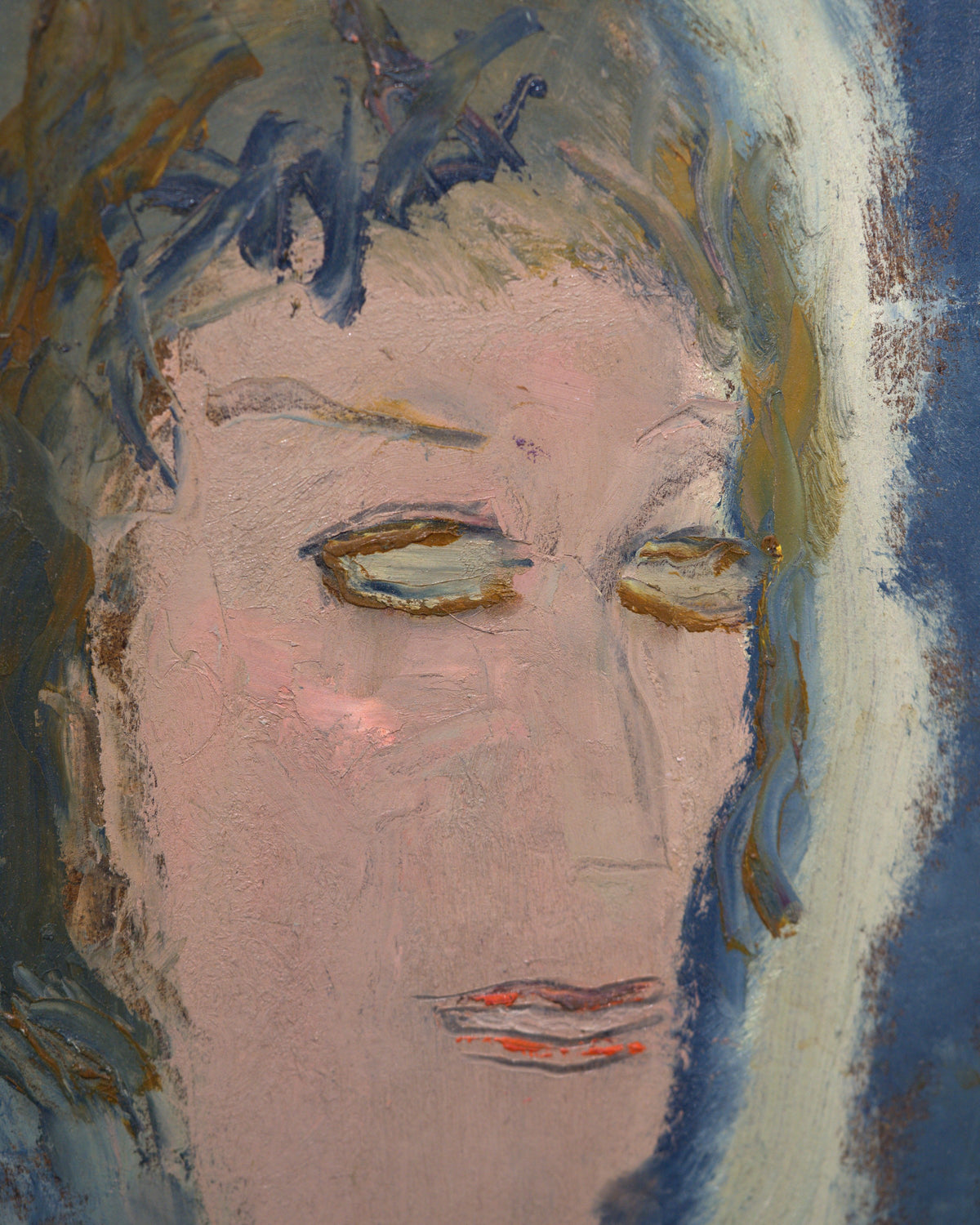 Close detail (face) of the Sterling Strauser 1985 portrait An Actress, a pale face in a blue and white hood, in a whitewashed scored frame.