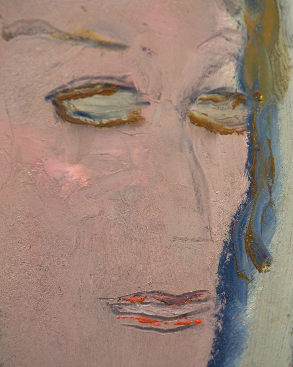 Close detail (eyes) of the Sterling Strauser 1985 portrait An Actress, a pale face in a blue and white hood, in a whitewashed scored frame.
