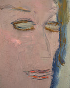 Close detail (eyes) of the Sterling Strauser 1985 portrait An Actress, a pale face in a blue and white hood, in a whitewashed scored frame.